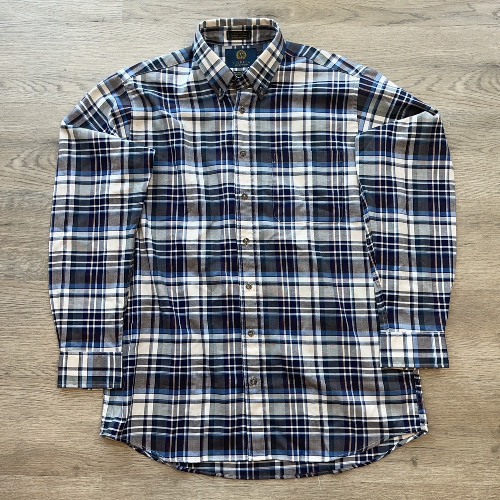 Viyella London Men's Shirt Large Blue Plaid Button Down Long Sleeve Canada Made